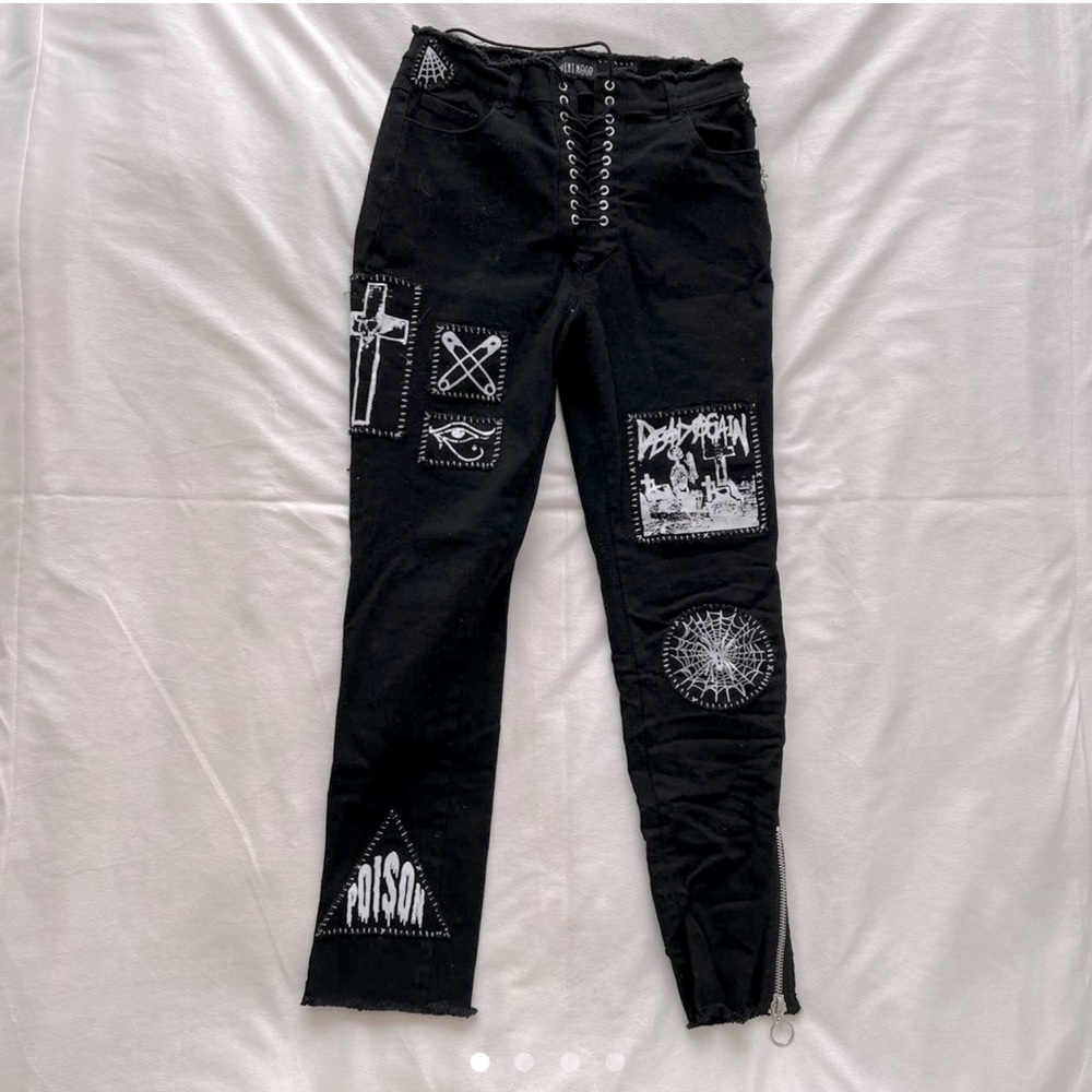 NWOT Stitch B black lace up patch work jeans size L from Current Mood